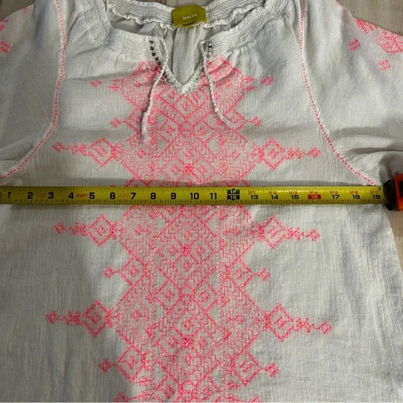 Maeve Anthropologie Sz 12 White Linen Boho Embroidered Blouse Pink Stitch - Picture 5 of 15